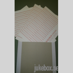 5 Ark med etiketter till vinyl jukeboxar tryckta på lagom tjockt perforerat papper. 20 Etiketter per ark 100 st totalt skickas i pappförstärkt kuvert porto ingår i priset. 20;- st om du vill ha fler än 5 ark.